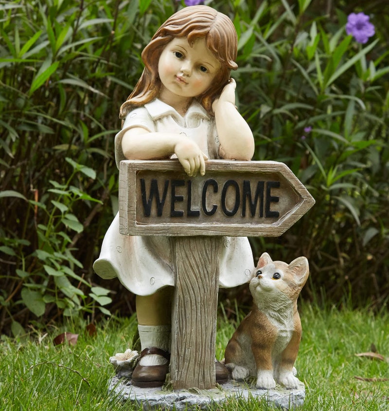 Floryden Girl Garden Statue with Solar LED Lights, Solar Girl Welcome Sign with Cat Garden Statue for Outdoor Decor, Porch, Patio, Yard Art Decorations, Polyresin 17.3 inch - Image 1